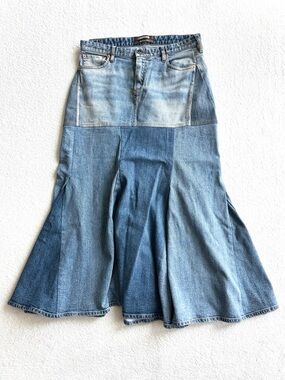 Roberto Cavalli Patchwork Denim Maxi‎ Fishtail Skirt US 6 32” Waist Y2K